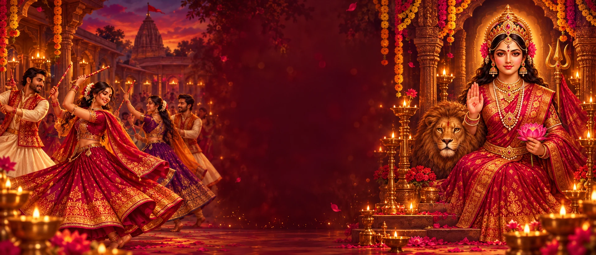 Dandiya dancers and a lamp-lit Maa Durga shrine
