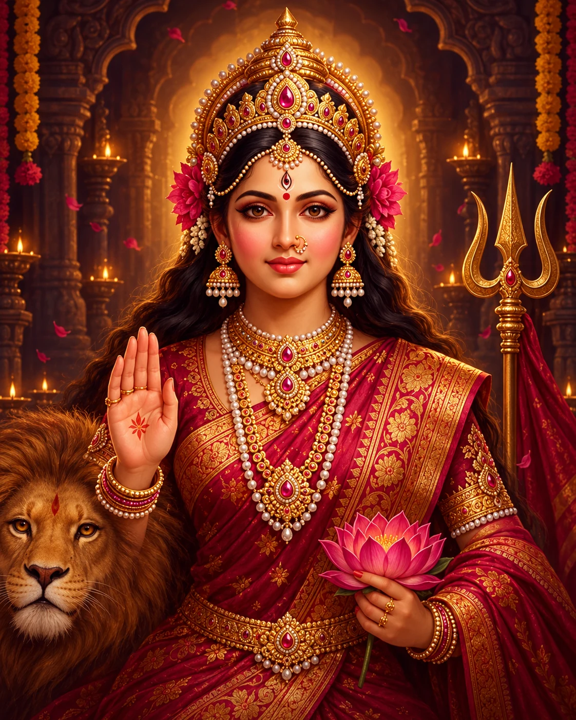Maa Durga in a red and gold sari, with a lotus, trident and lion